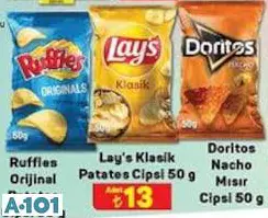 RUFFLES ORİGİNAL/LAY'S KLASİK/DORİTOS NACHO MISIR CİPSİ 50 G RUFFLES ORİGİNAL/LAY'S KLASİK/DORİTOS NACHO MISIR CİPSİ 50 G